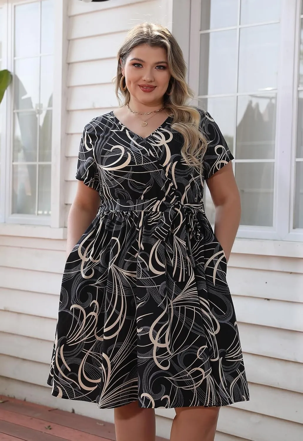 Nemidor Womens Casual Plus Size Summer Boho Swing Wrap Dress Floral Print with Pockets NEM295
