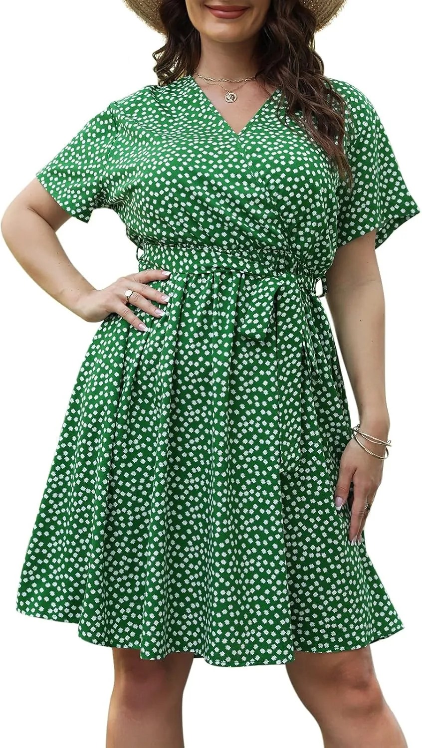 Nemidor Womens Casual Plus Size Summer Boho Swing Wrap Dress Floral Print with Pockets NEM295
