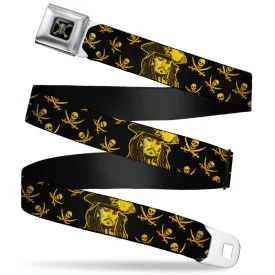 Pirates of The Caribbean Dead Men Tell No Tales Skull Icon Full Color Black Seatbelt Belt - Jack Sparrow Sketch Pose/Skull & Crossbones Scattered Black/Gold Webbing