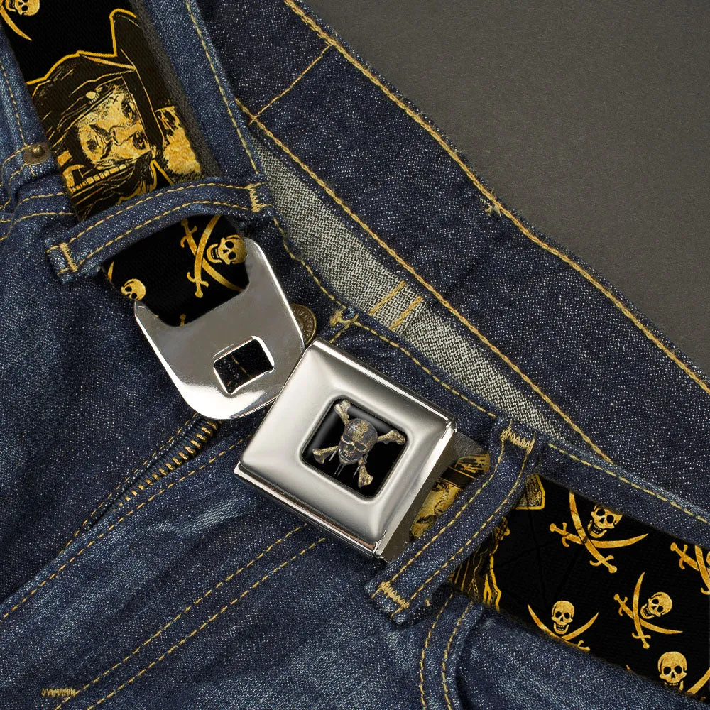 Pirates of The Caribbean Dead Men Tell No Tales Skull Icon Full Color Black Seatbelt Belt - Jack Sparrow Sketch Pose/Skull & Crossbones Scattered Black/Gold Webbing