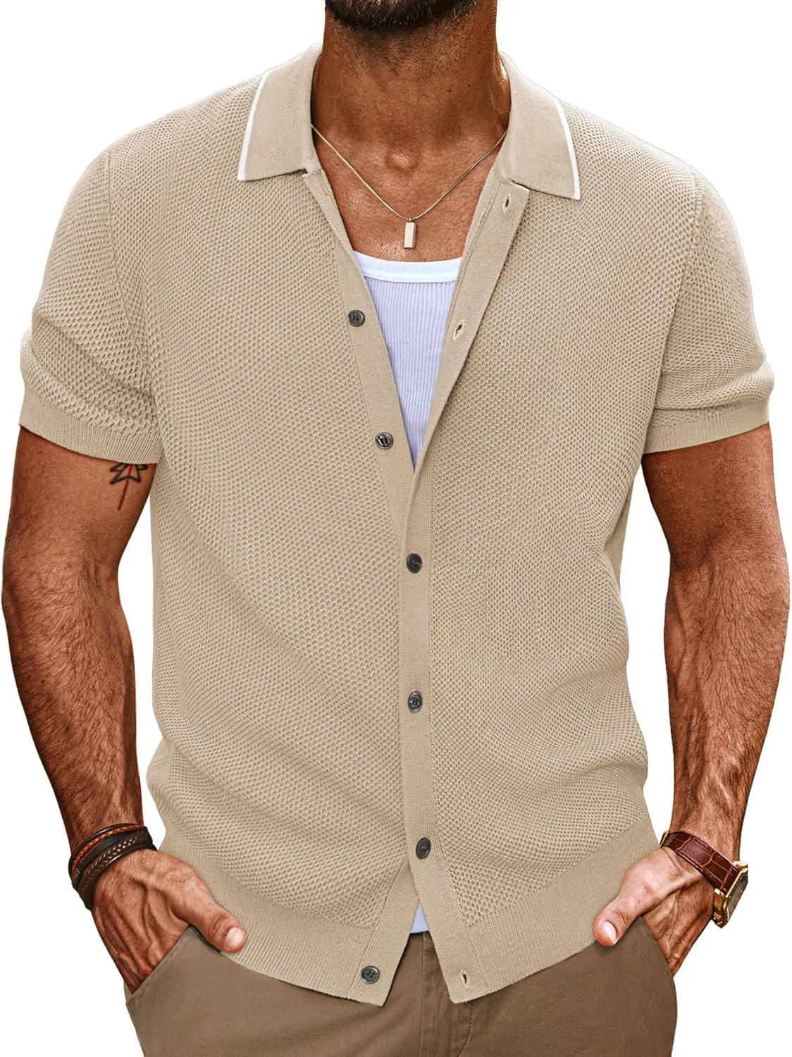 PJ PAUL JONES Men's Knit Button Down Shirts Short Sleeve Vintage Polo Shirt Casual Summer Beach Shirts