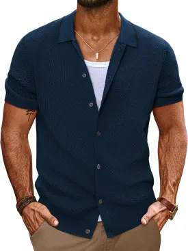 PJ PAUL JONES Men's Knit Button Down Shirts Short Sleeve Vintage Polo Shirt Casual Summer Beach Shirts