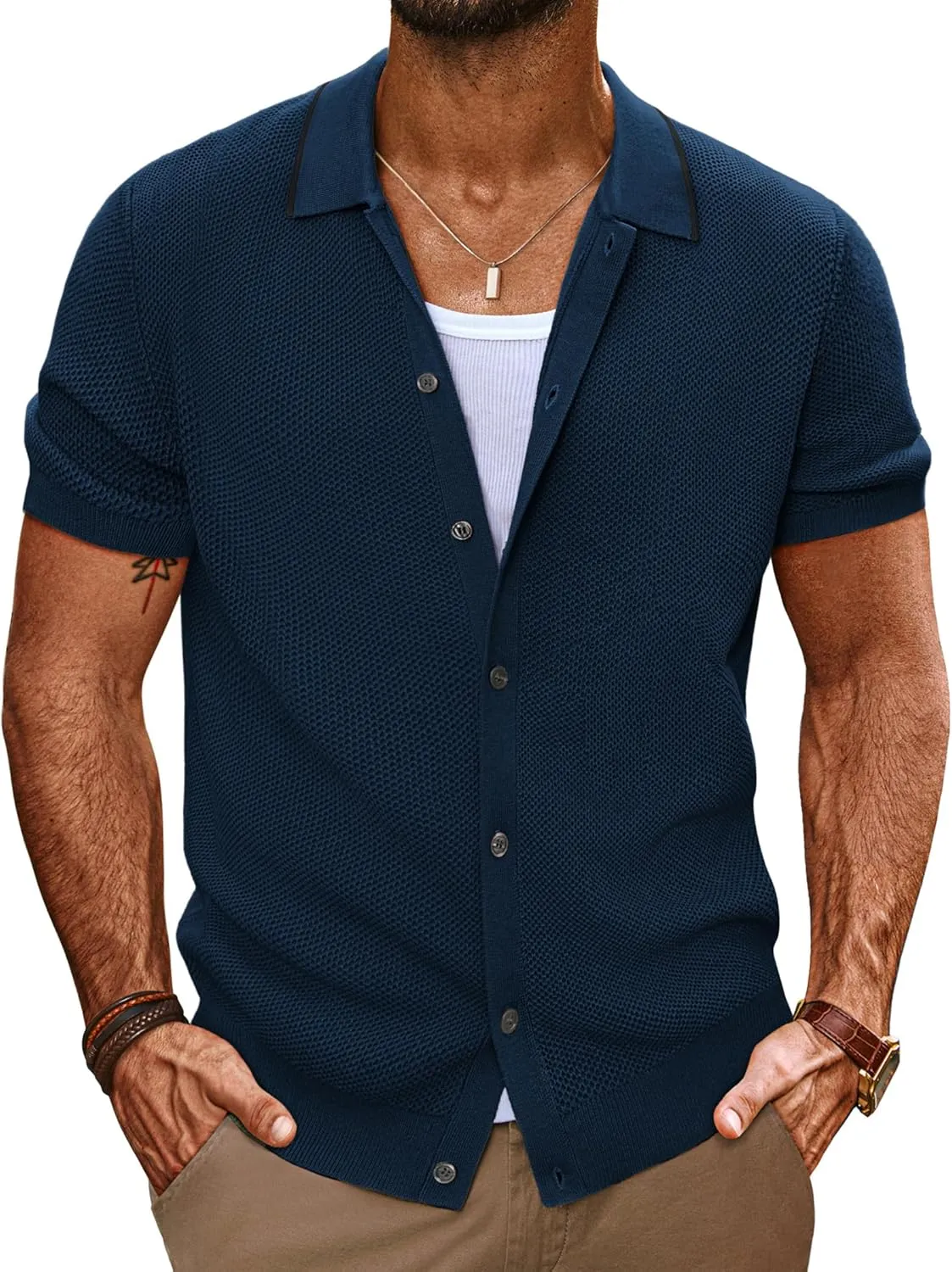 PJ PAUL JONES Men's Knit Button Down Shirts Short Sleeve Vintage Polo Shirt Casual Summer Beach Shirts