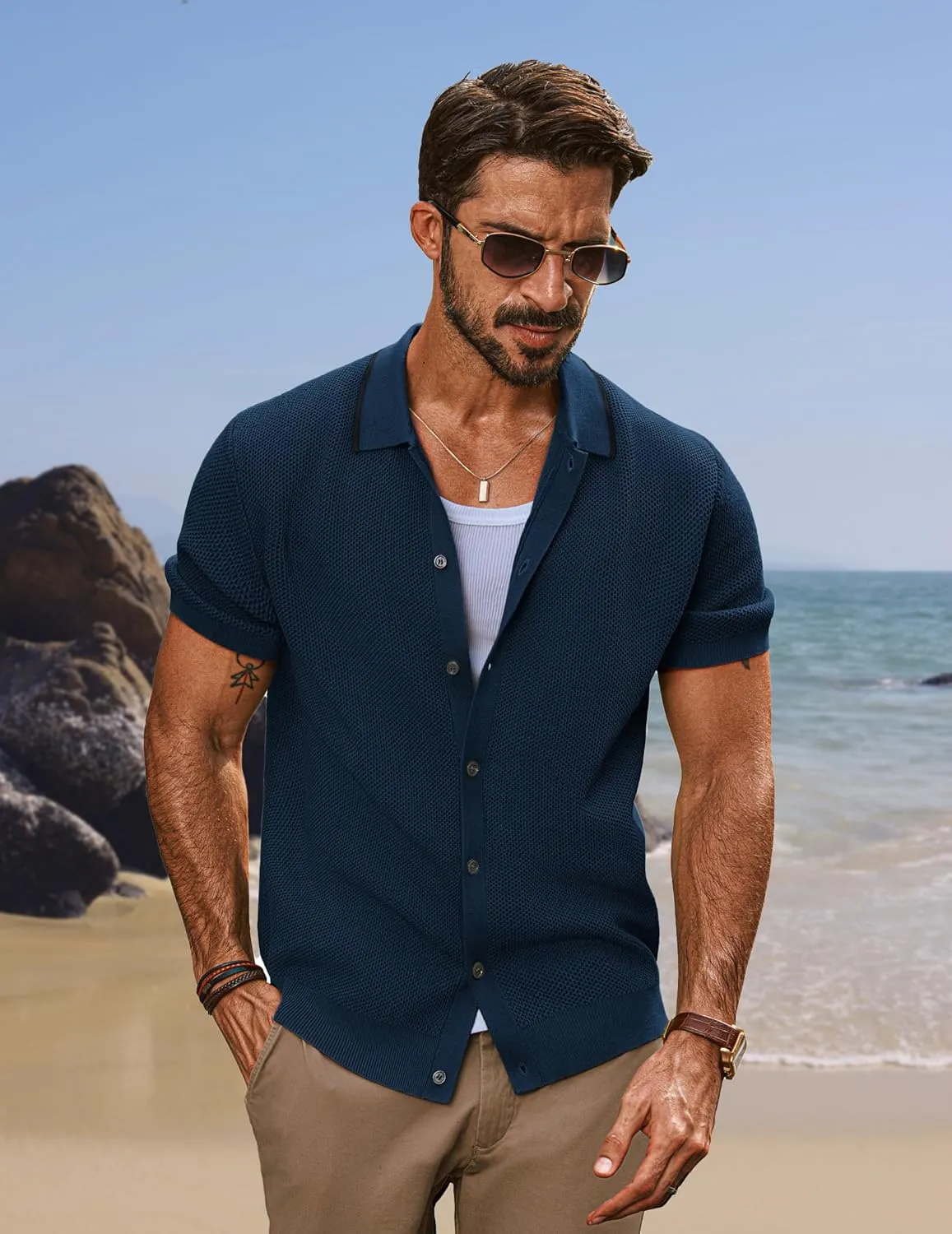 PJ PAUL JONES Men's Knit Button Down Shirts Short Sleeve Vintage Polo Shirt Casual Summer Beach Shirts