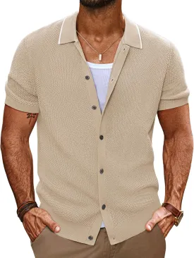 PJ PAUL JONES Men's Knit Button Down Shirts Short Sleeve Vintage Polo Shirt Casual Summer Beach Shirts
