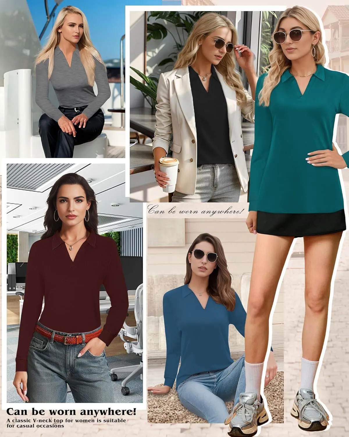 Polo Shirts for Women, V Neck Business Casual Tops for Women, Collared Shirt Tunic Tops Long Sleeve Work Blouses