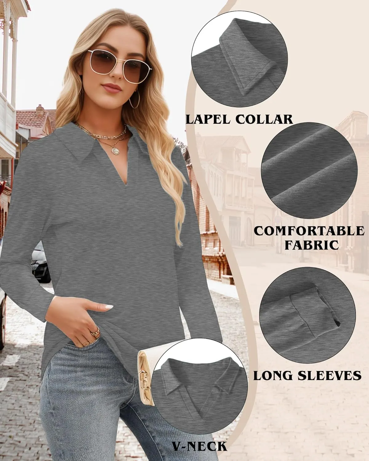 Polo Shirts for Women, V Neck Business Casual Tops for Women, Collared Shirt Tunic Tops Long Sleeve Work Blouses