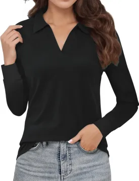 Polo Shirts for Women, V Neck Business Casual Tops for Women, Collared Shirt Tunic Tops Long Sleeve Work Blouses