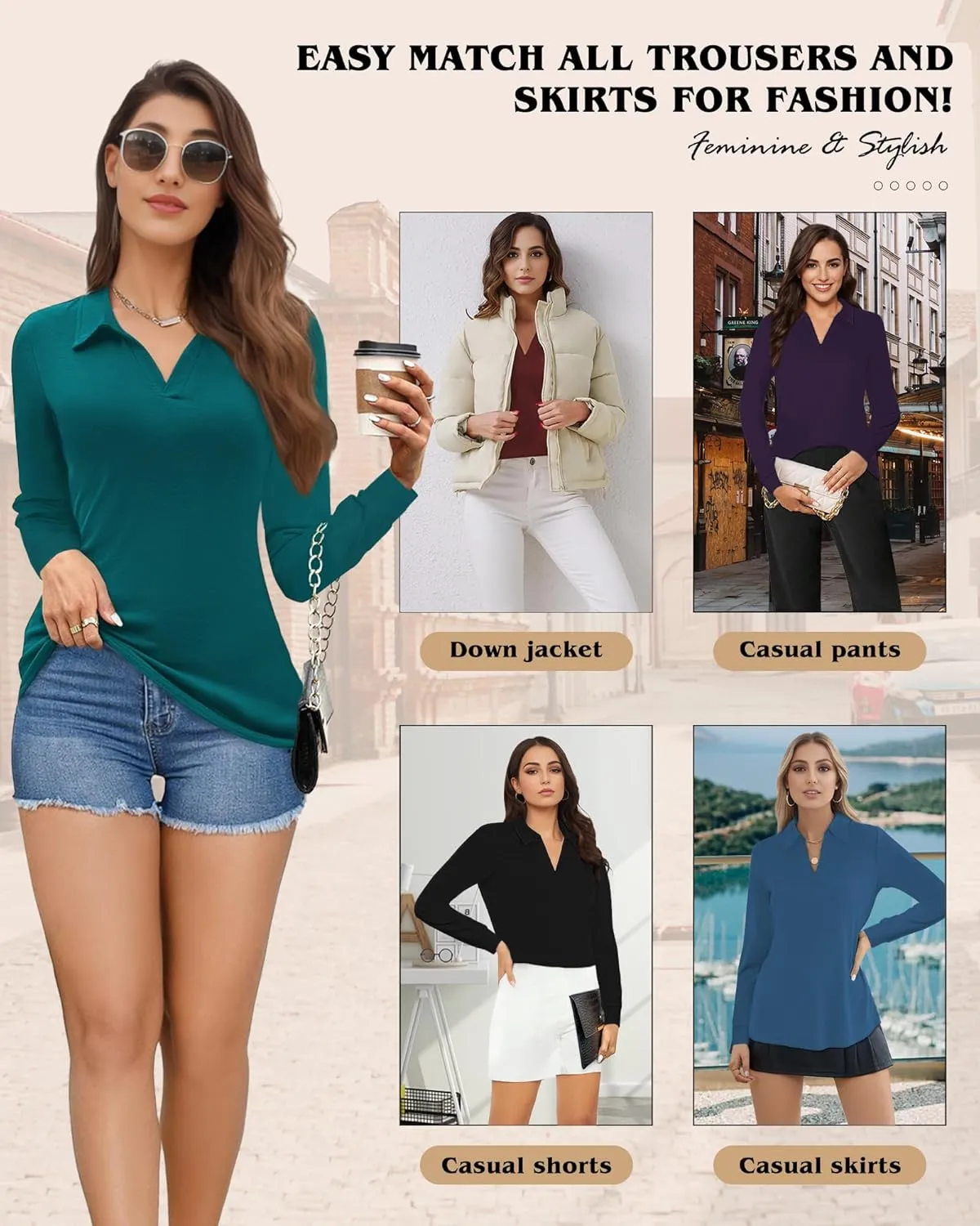 Polo Shirts for Women, V Neck Business Casual Tops for Women, Collared Shirt Tunic Tops Long Sleeve Work Blouses