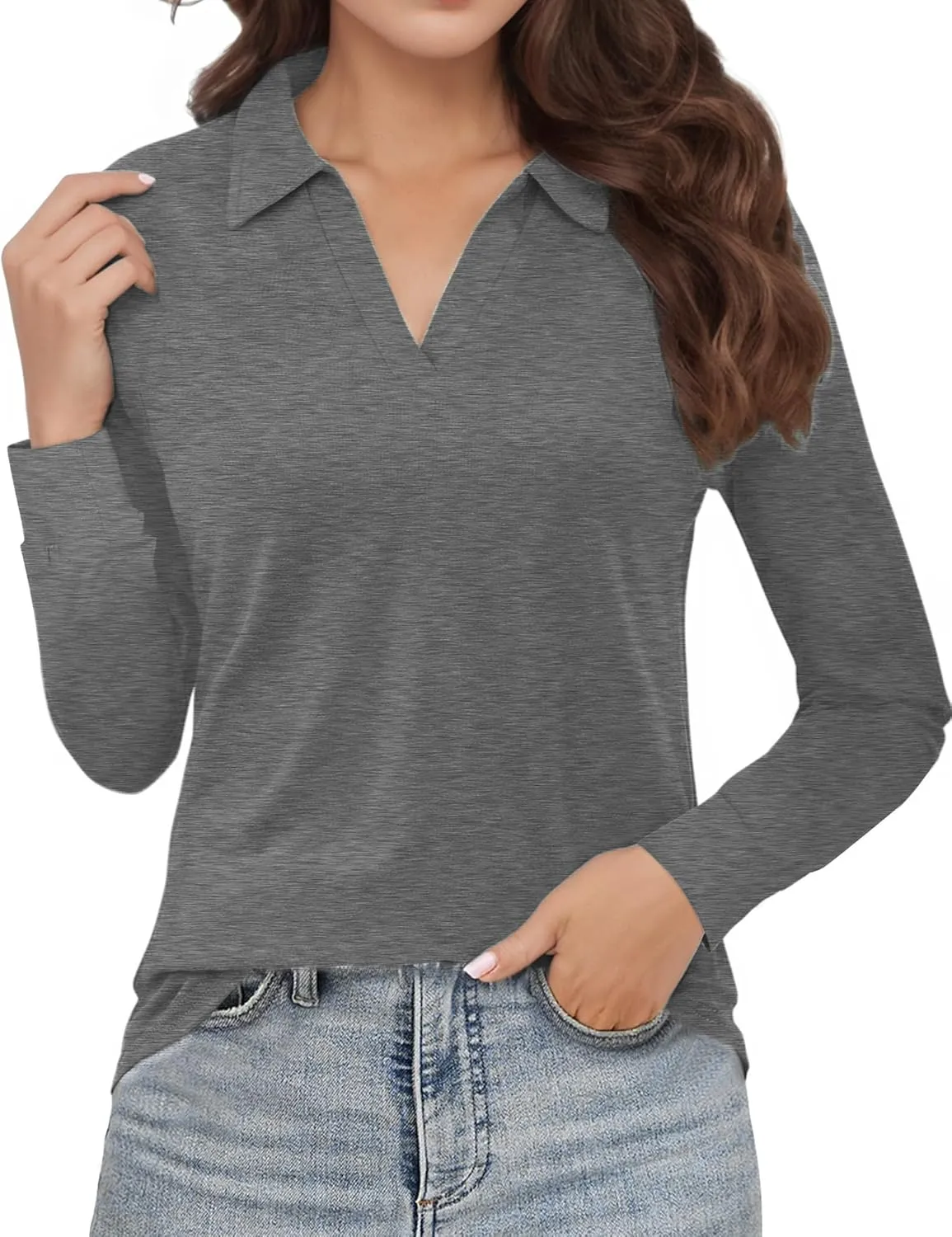Polo Shirts for Women, V Neck Business Casual Tops for Women, Collared Shirt Tunic Tops Long Sleeve Work Blouses