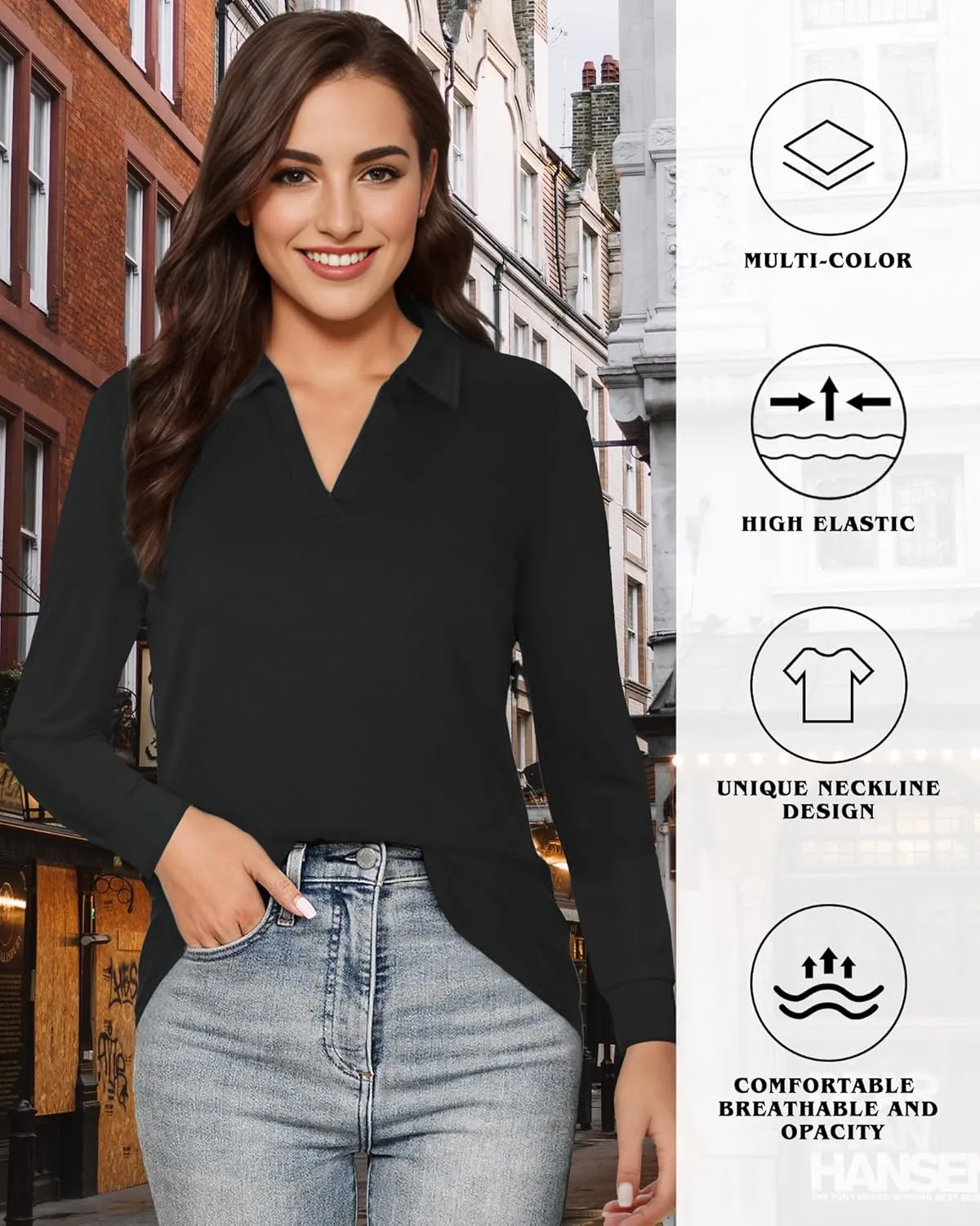 Polo Shirts for Women, V Neck Business Casual Tops for Women, Collared Shirt Tunic Tops Long Sleeve Work Blouses