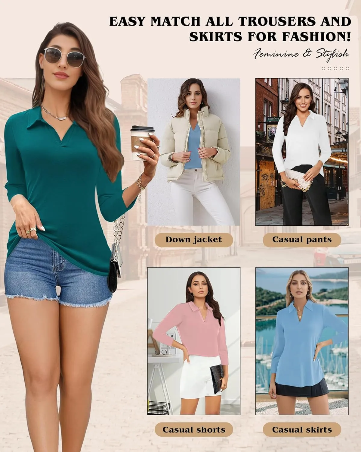 Polo Shirts for Women, V Neck Business Casual Tops for Women, Collared Shirt Tunic Tops Long Sleeve Work Blouses