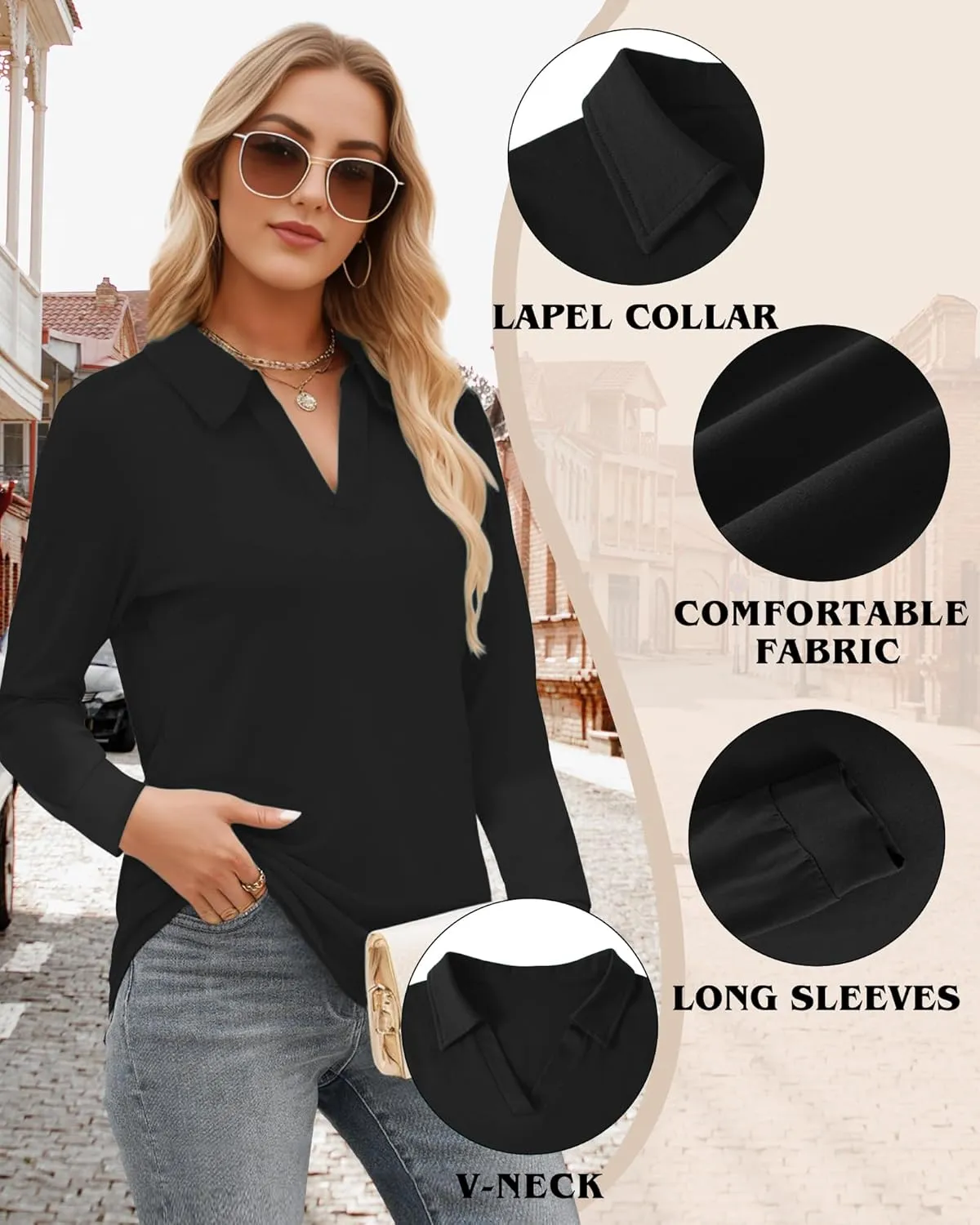 Polo Shirts for Women, V Neck Business Casual Tops for Women, Collared Shirt Tunic Tops Long Sleeve Work Blouses