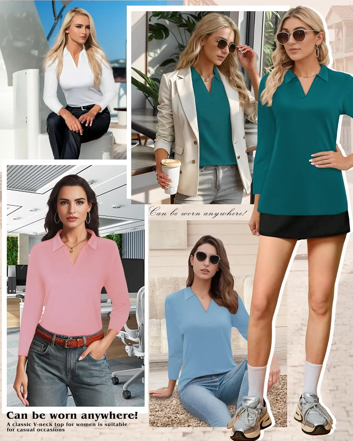 Polo Shirts for Women, V Neck Business Casual Tops for Women, Collared Shirt Tunic Tops Long Sleeve Work Blouses