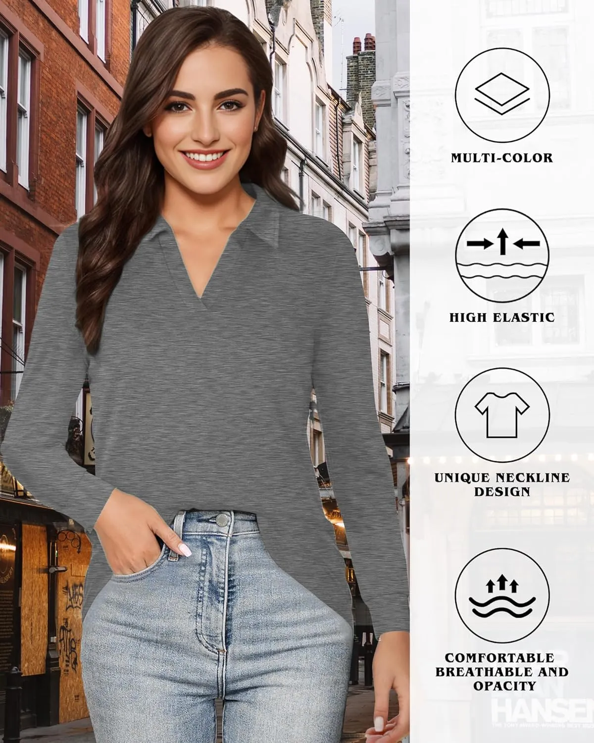 Polo Shirts for Women, V Neck Business Casual Tops for Women, Collared Shirt Tunic Tops Long Sleeve Work Blouses