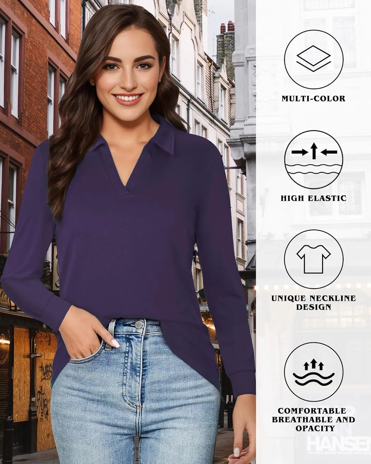 Polo Shirts for Women, V Neck Business Casual Tops for Women, Collared Shirt Tunic Tops Long Sleeve Work Blouses