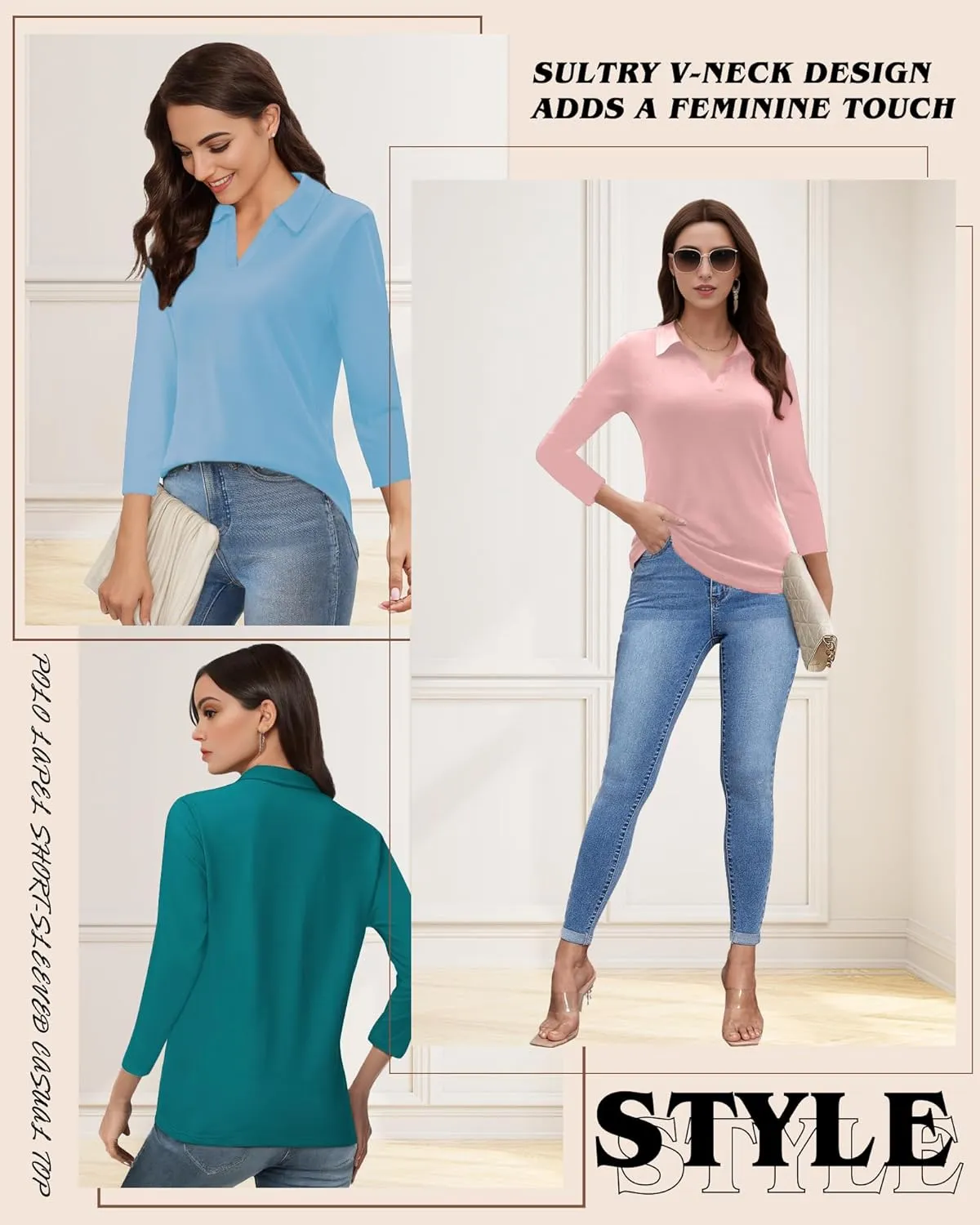 Polo Shirts for Women, V Neck Business Casual Tops for Women, Collared Shirt Tunic Tops Long Sleeve Work Blouses