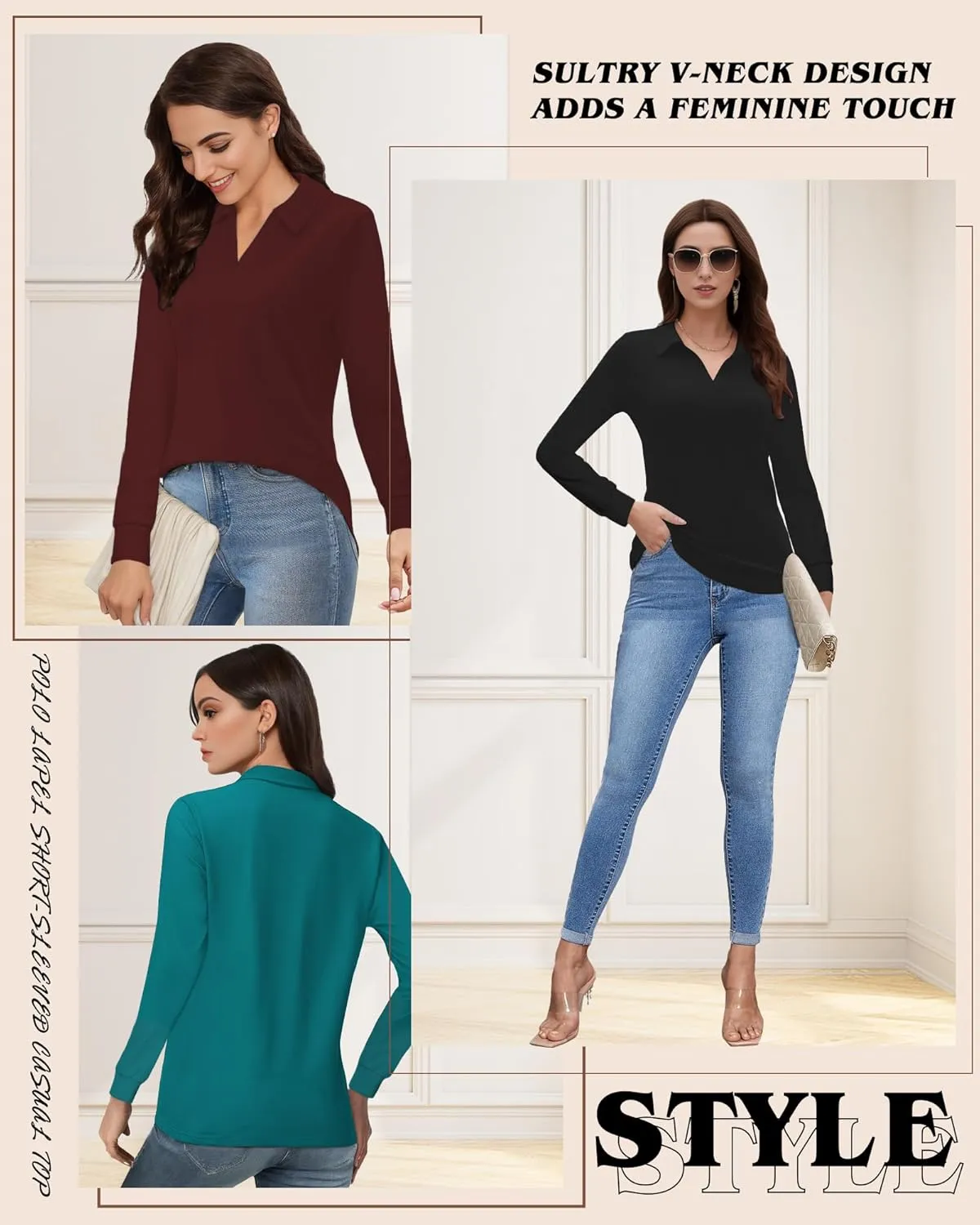 Polo Shirts for Women, V Neck Business Casual Tops for Women, Collared Shirt Tunic Tops Long Sleeve Work Blouses