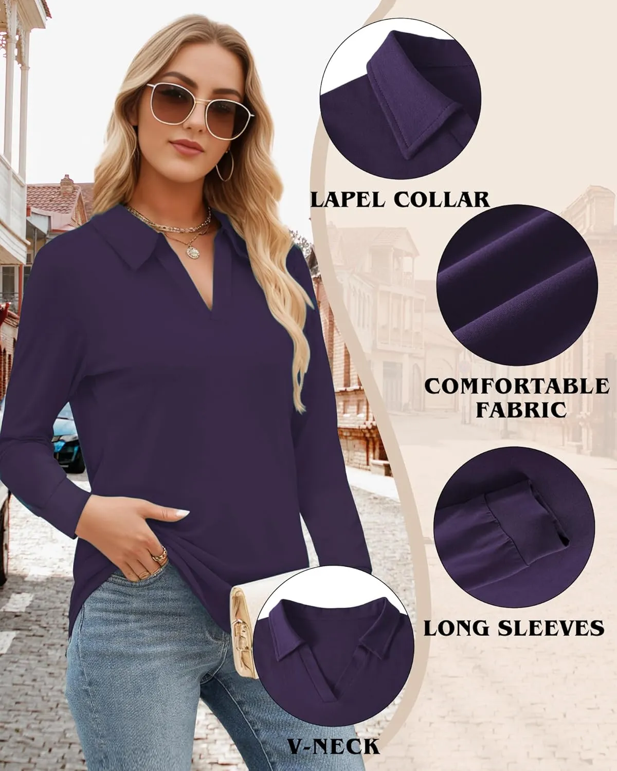 Polo Shirts for Women, V Neck Business Casual Tops for Women, Collared Shirt Tunic Tops Long Sleeve Work Blouses
