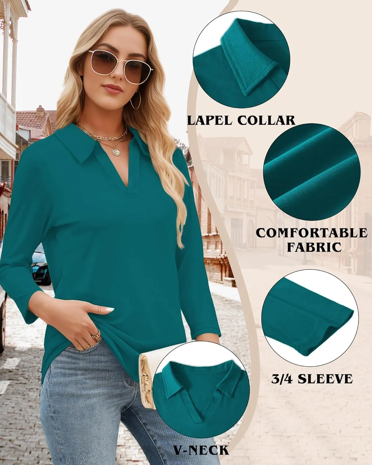 Polo Shirts for Women, V Neck Business Casual Tops for Women, Collared Shirt Tunic Tops Long Sleeve Work Blouses