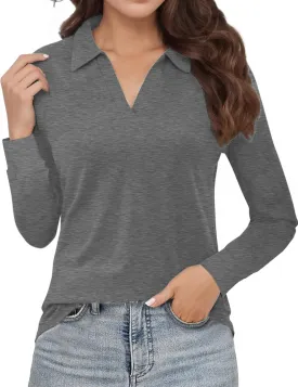 Polo Shirts for Women, V Neck Business Casual Tops for Women, Collared Shirt Tunic Tops Long Sleeve Work Blouses