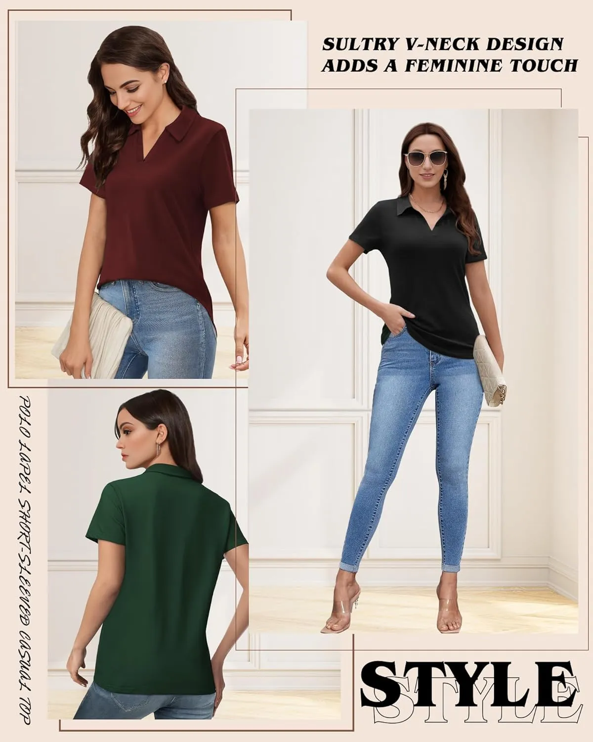 Polo Shirts for Women, V-Neck Business Casual Tops for Women, Summer Lapel Collar Tunic Tops Short Sleeve Work Blouses