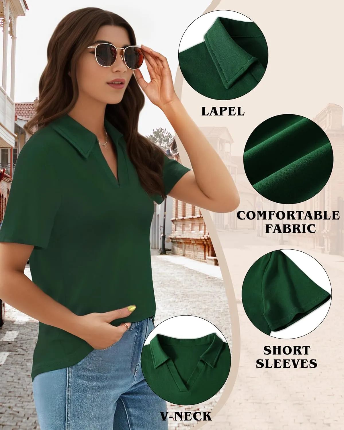 Polo Shirts for Women, V-Neck Business Casual Tops for Women, Summer Lapel Collar Tunic Tops Short Sleeve Work Blouses