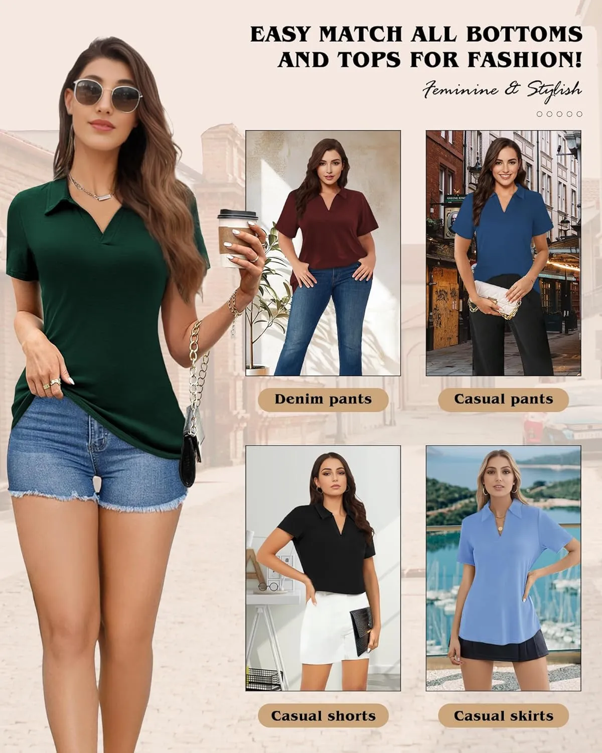 Polo Shirts for Women, V-Neck Business Casual Tops for Women, Summer Lapel Collar Tunic Tops Short Sleeve Work Blouses