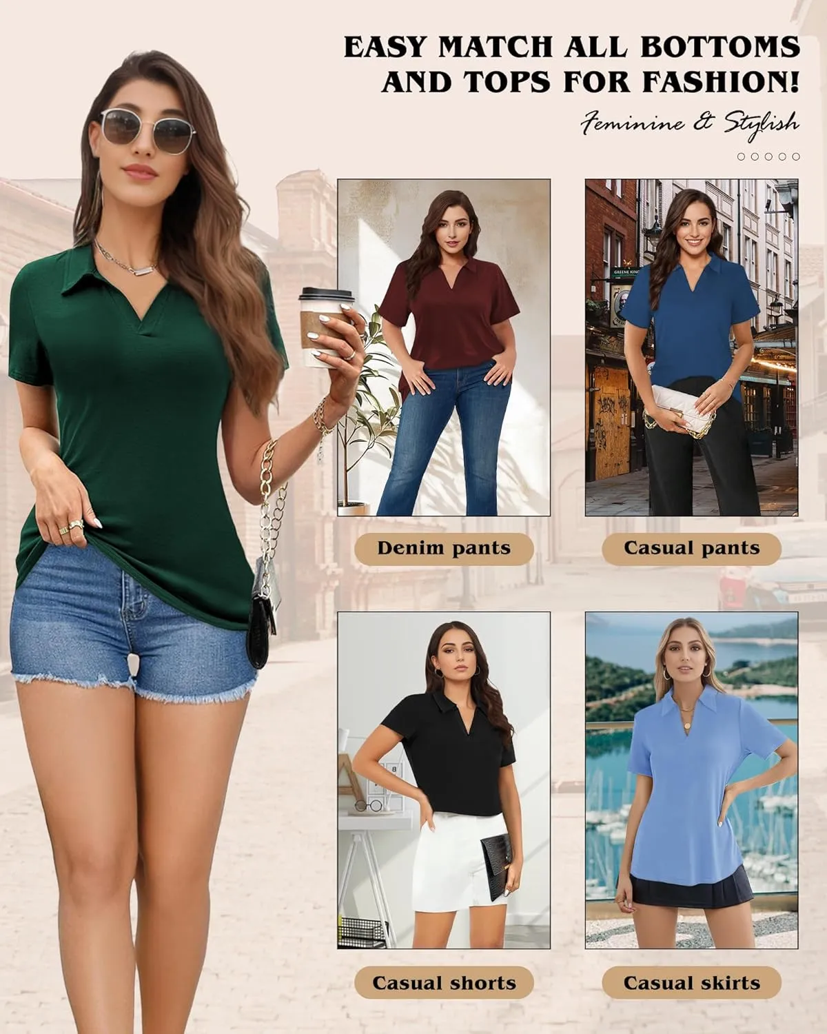 Polo Shirts for Women, V-Neck Business Casual Tops for Women, Summer Lapel Collar Tunic Tops Short Sleeve Work Blouses