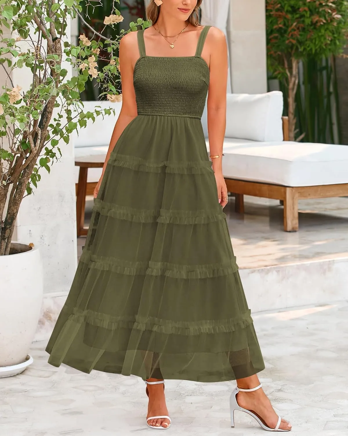 PRETTYGARDEN Women's Summer Dresses 2025 Sleeveless Smocked Tiered Ruffle Tulle A-Line Flowy Wedding Party Maxi Dress