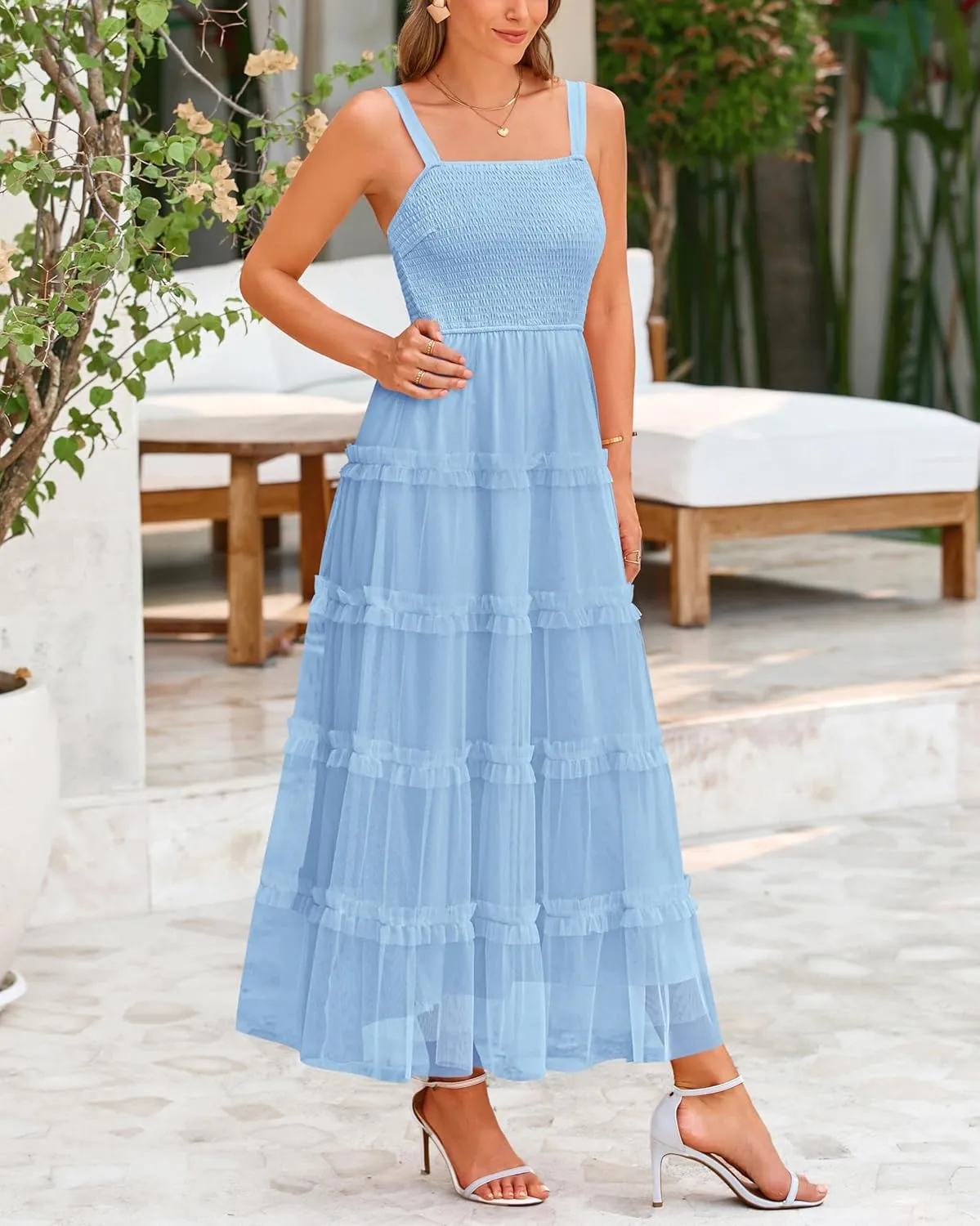 PRETTYGARDEN Women's Summer Dresses 2025 Sleeveless Smocked Tiered Ruffle Tulle A-Line Flowy Wedding Party Maxi Dress