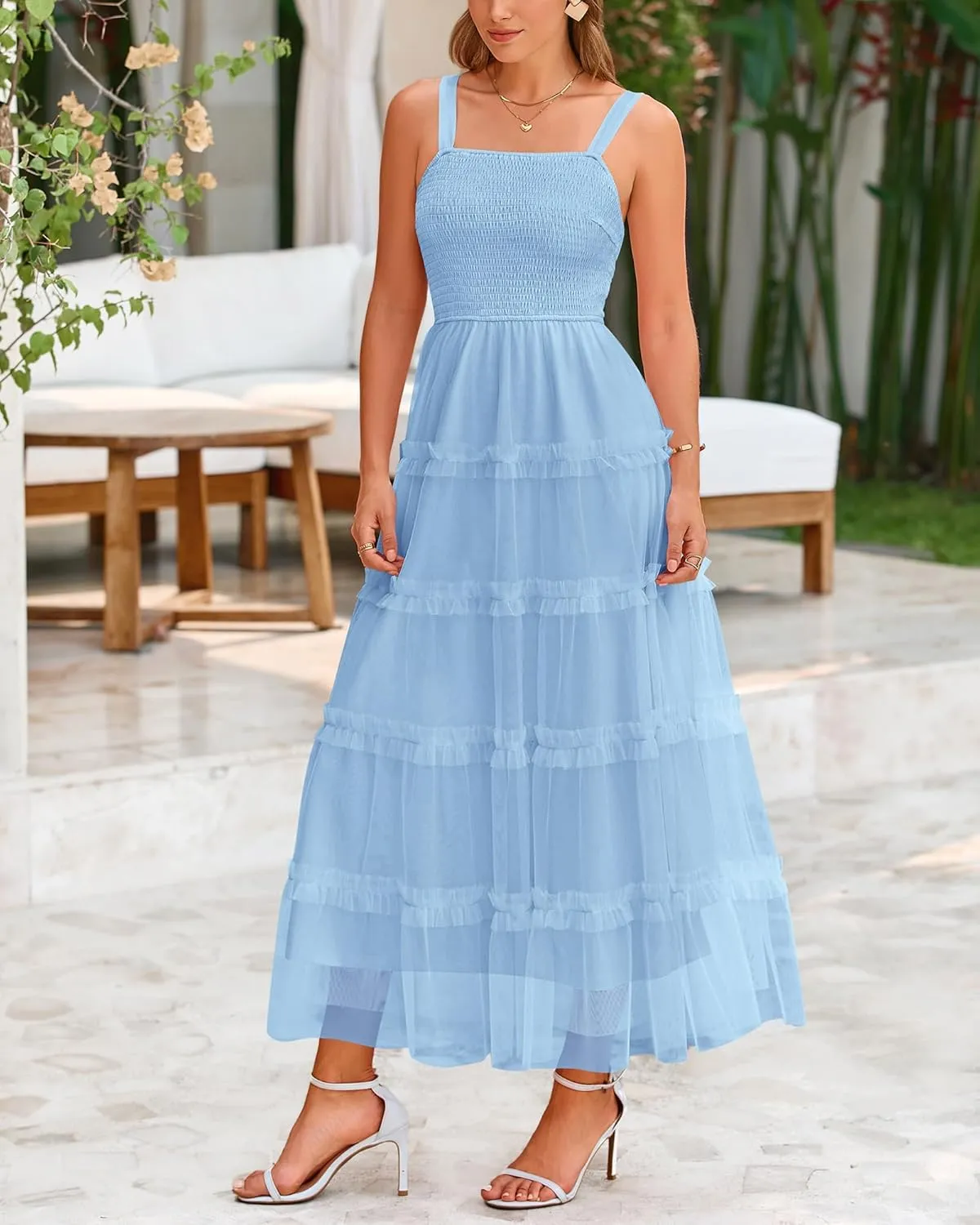 PRETTYGARDEN Women's Summer Dresses 2025 Sleeveless Smocked Tiered Ruffle Tulle A-Line Flowy Wedding Party Maxi Dress