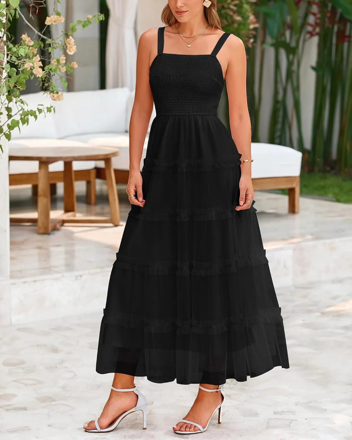 PRETTYGARDEN Women's Summer Dresses 2025 Sleeveless Smocked Tiered Ruffle Tulle A-Line Flowy Wedding Party Maxi Dress