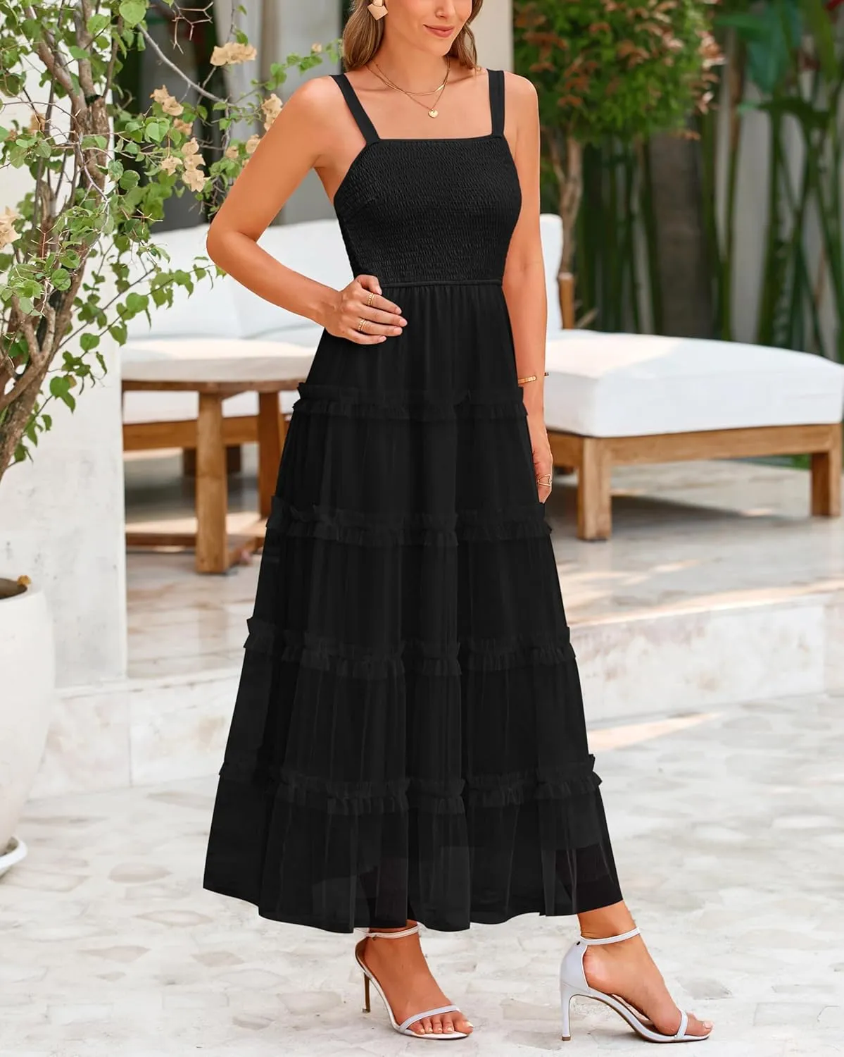 PRETTYGARDEN Women's Summer Dresses 2025 Sleeveless Smocked Tiered Ruffle Tulle A-Line Flowy Wedding Party Maxi Dress