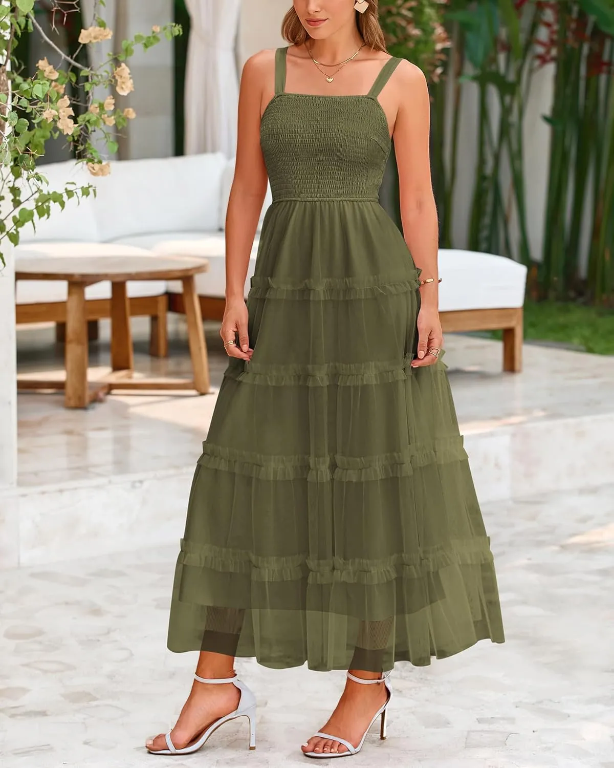 PRETTYGARDEN Women's Summer Dresses 2025 Sleeveless Smocked Tiered Ruffle Tulle A-Line Flowy Wedding Party Maxi Dress