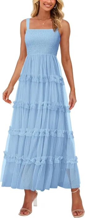 PRETTYGARDEN Women's Summer Dresses 2025 Sleeveless Smocked Tiered Ruffle Tulle A-Line Flowy Wedding Party Maxi Dress