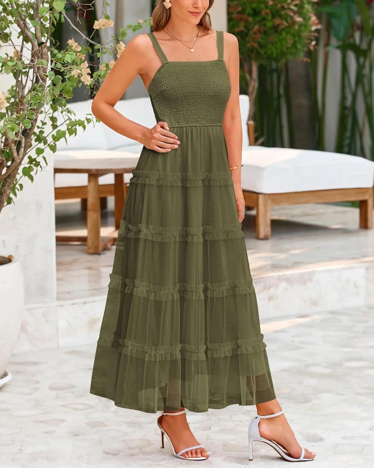 PRETTYGARDEN Women's Summer Dresses 2025 Sleeveless Smocked Tiered Ruffle Tulle A-Line Flowy Wedding Party Maxi Dress