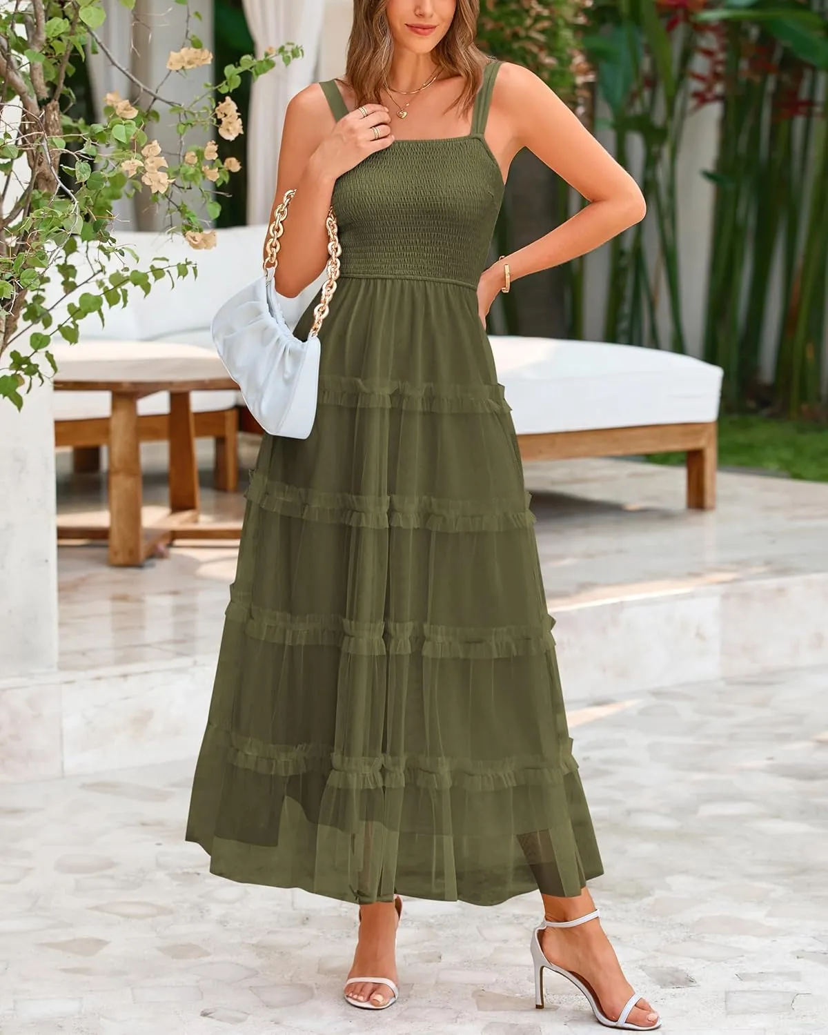 PRETTYGARDEN Women's Summer Dresses 2025 Sleeveless Smocked Tiered Ruffle Tulle A-Line Flowy Wedding Party Maxi Dress