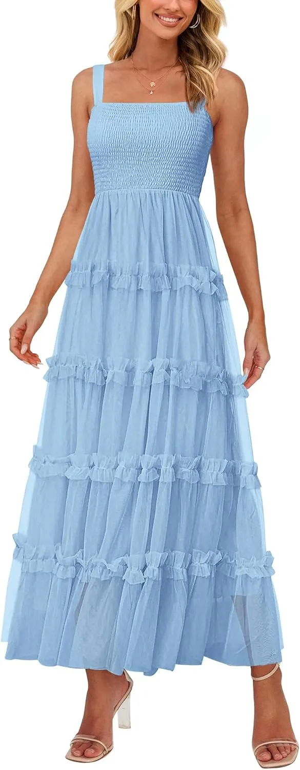 PRETTYGARDEN Women's Summer Dresses 2025 Sleeveless Smocked Tiered Ruffle Tulle A-Line Flowy Wedding Party Maxi Dress