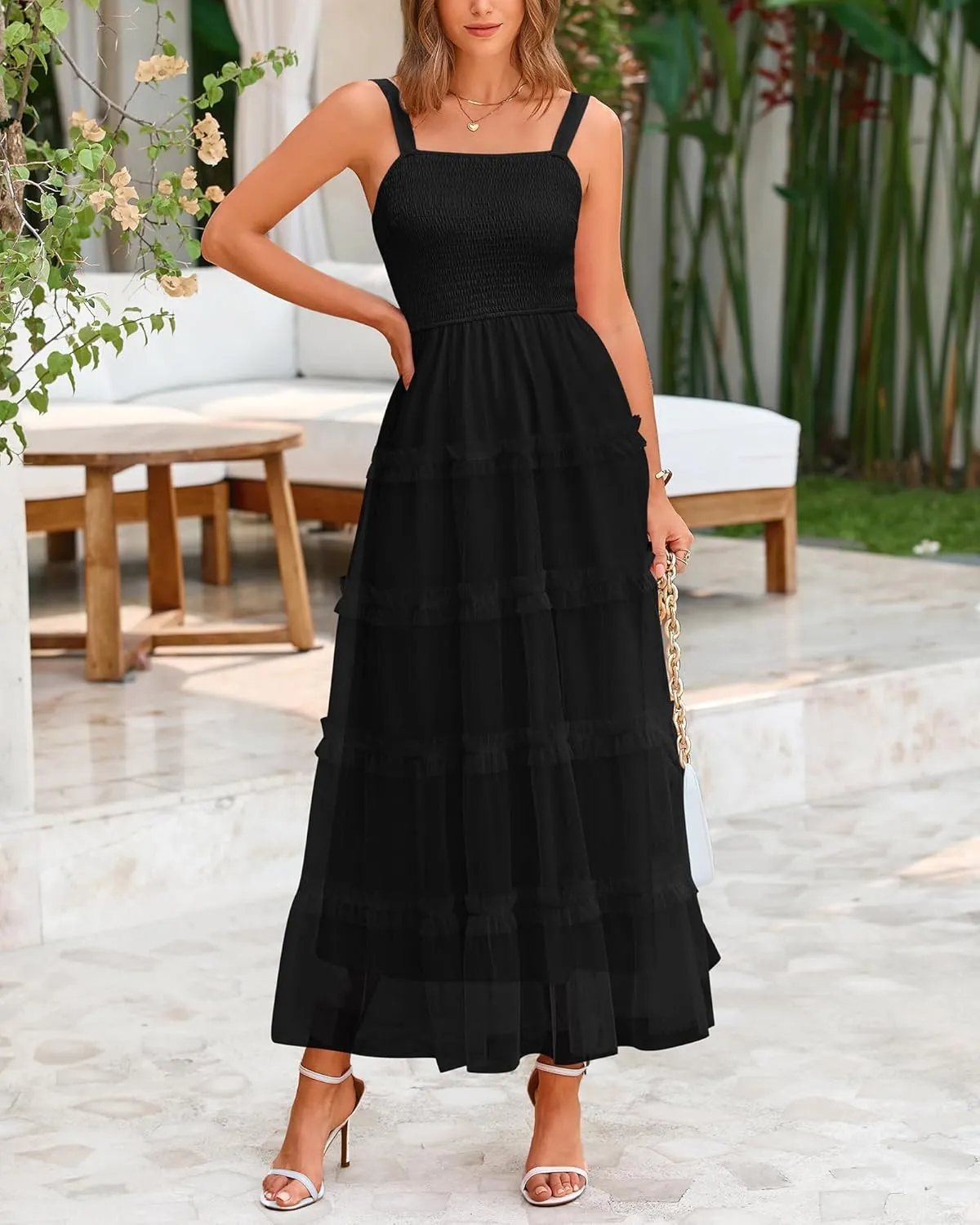 PRETTYGARDEN Women's Summer Dresses 2025 Sleeveless Smocked Tiered Ruffle Tulle A-Line Flowy Wedding Party Maxi Dress