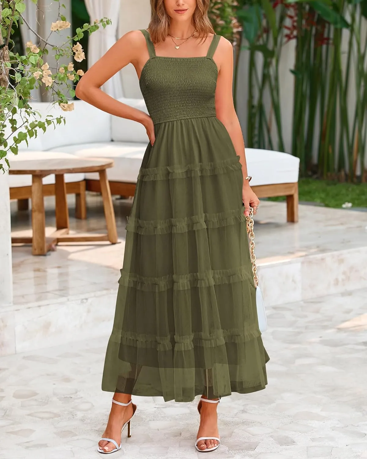 PRETTYGARDEN Women's Summer Dresses 2025 Sleeveless Smocked Tiered Ruffle Tulle A-Line Flowy Wedding Party Maxi Dress