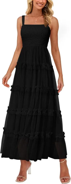 PRETTYGARDEN Women's Summer Dresses 2025 Sleeveless Smocked Tiered Ruffle Tulle A-Line Flowy Wedding Party Maxi Dress
