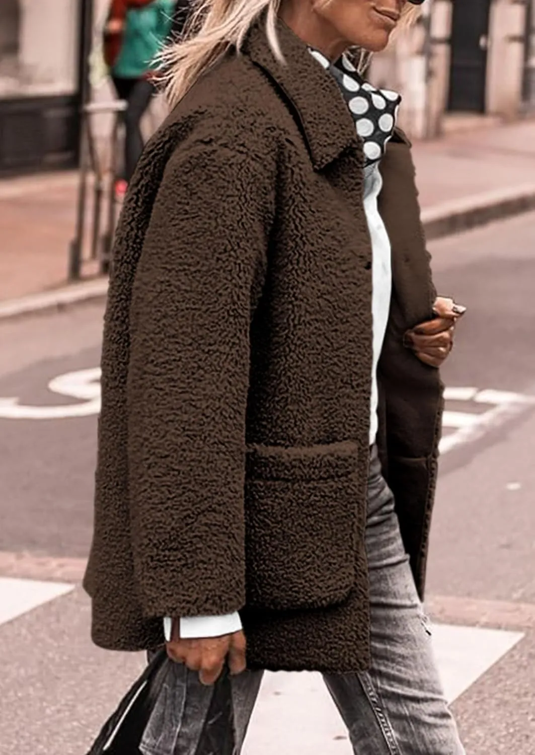 PRETTYGARDEN Women's Winter Faux Fur Coats Long Sleeve Lapel Button Down Pockets Fleece Sherpa Jacket Casual Trendy Outerwear
