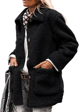 PRETTYGARDEN Women's Winter Faux Fur Coats Long Sleeve Lapel Button Down Pockets Fleece Sherpa Jacket Casual Trendy Outerwear