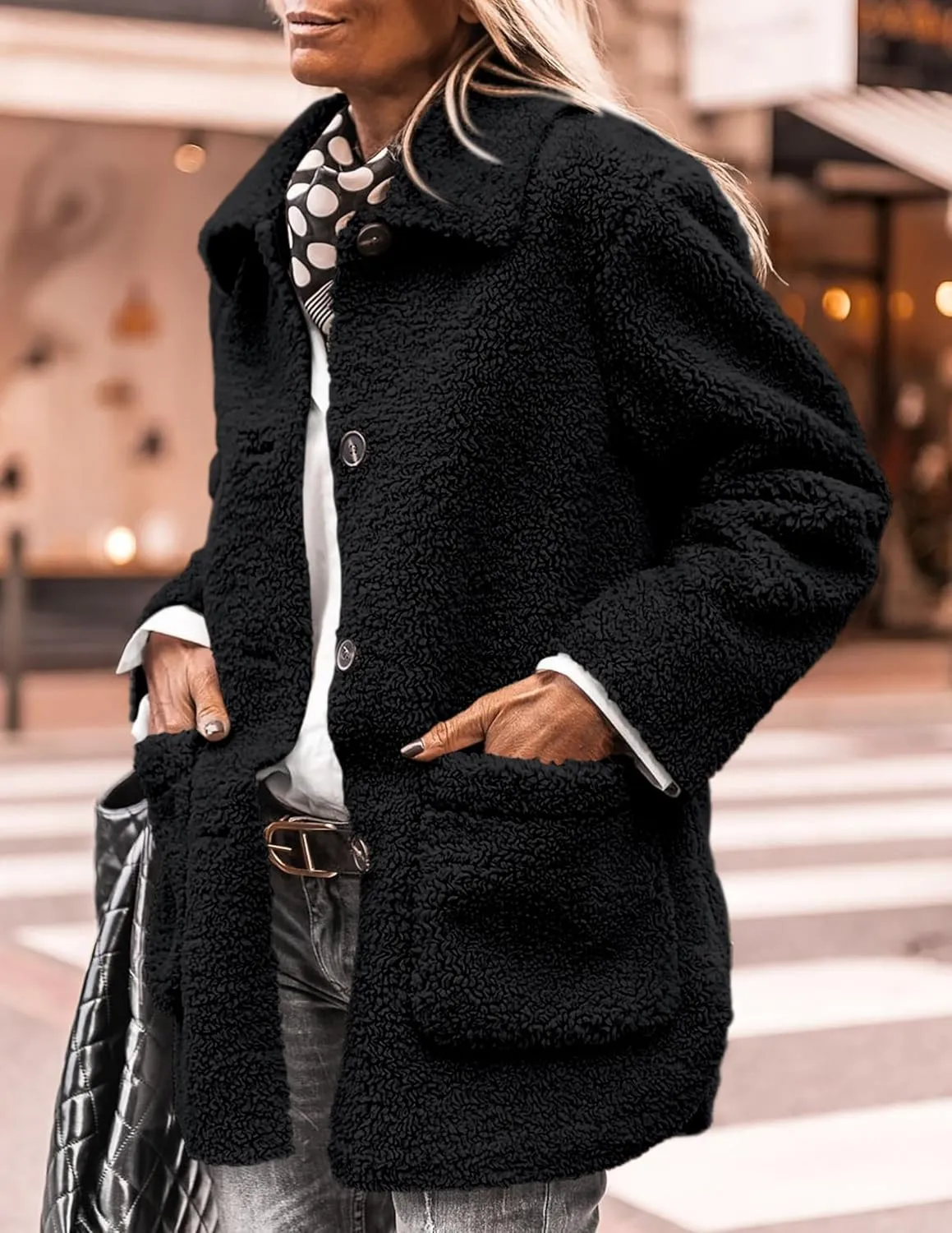 PRETTYGARDEN Women's Winter Faux Fur Coats Long Sleeve Lapel Button Down Pockets Fleece Sherpa Jacket Casual Trendy Outerwear