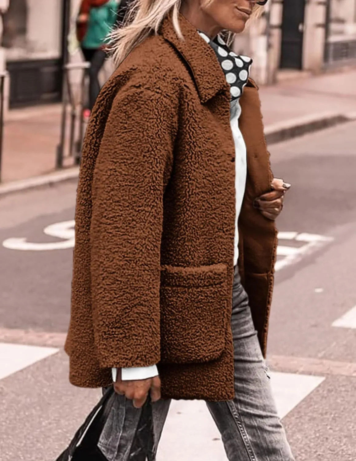 PRETTYGARDEN Women's Winter Faux Fur Coats Long Sleeve Lapel Button Down Pockets Fleece Sherpa Jacket Casual Trendy Outerwear