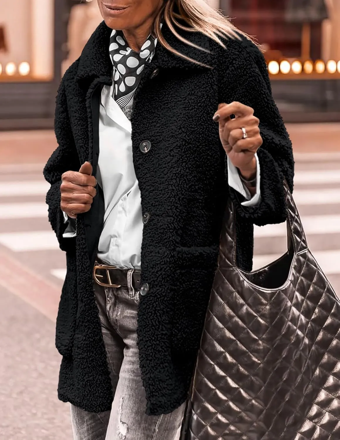 PRETTYGARDEN Women's Winter Faux Fur Coats Long Sleeve Lapel Button Down Pockets Fleece Sherpa Jacket Casual Trendy Outerwear