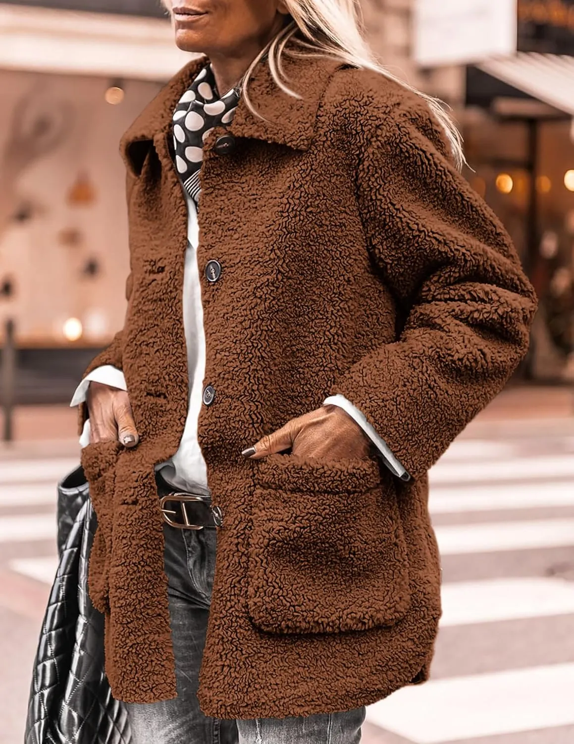 PRETTYGARDEN Women's Winter Faux Fur Coats Long Sleeve Lapel Button Down Pockets Fleece Sherpa Jacket Casual Trendy Outerwear