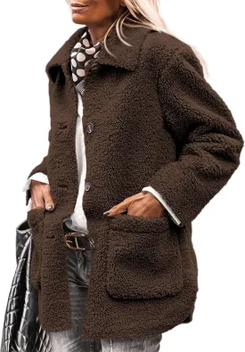 PRETTYGARDEN Women's Winter Faux Fur Coats Long Sleeve Lapel Button Down Pockets Fleece Sherpa Jacket Casual Trendy Outerwear