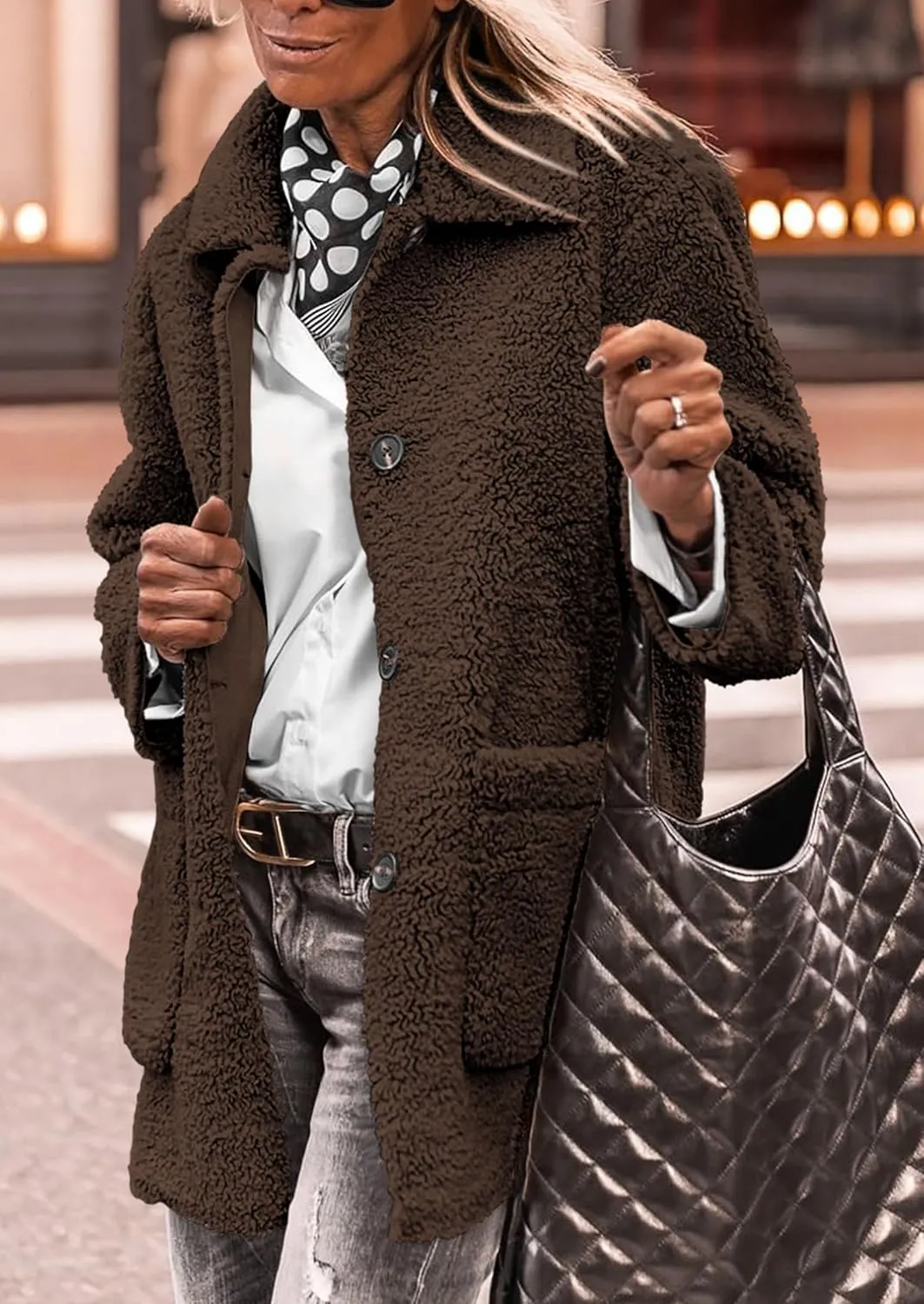 PRETTYGARDEN Women's Winter Faux Fur Coats Long Sleeve Lapel Button Down Pockets Fleece Sherpa Jacket Casual Trendy Outerwear